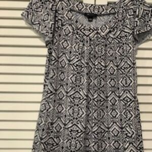 Black and White Print Top, Featuring Short, Ruffled Sleeves,  With Pendant
